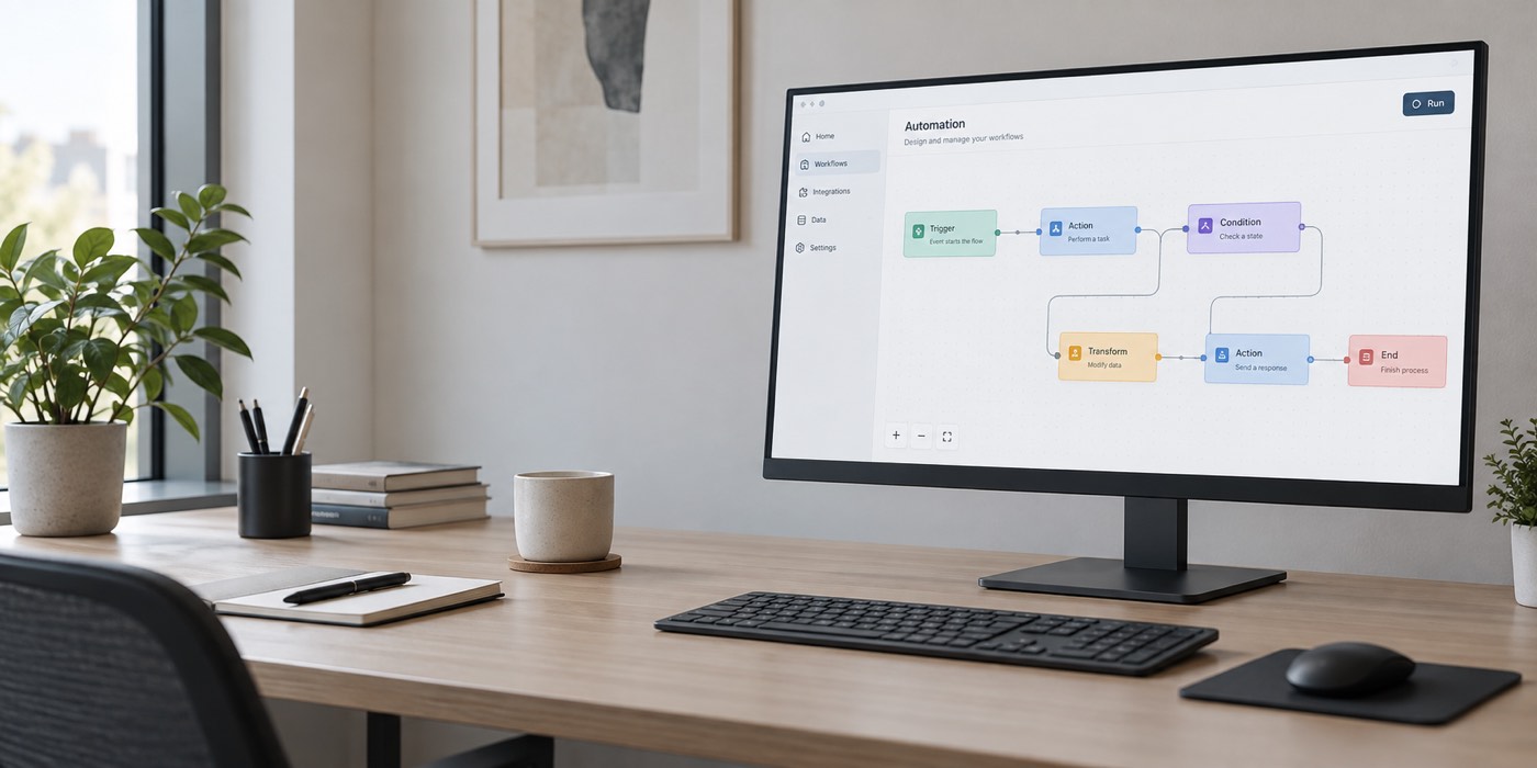 Breite Node-Workflow-Ansicht auf einem Bildschirm