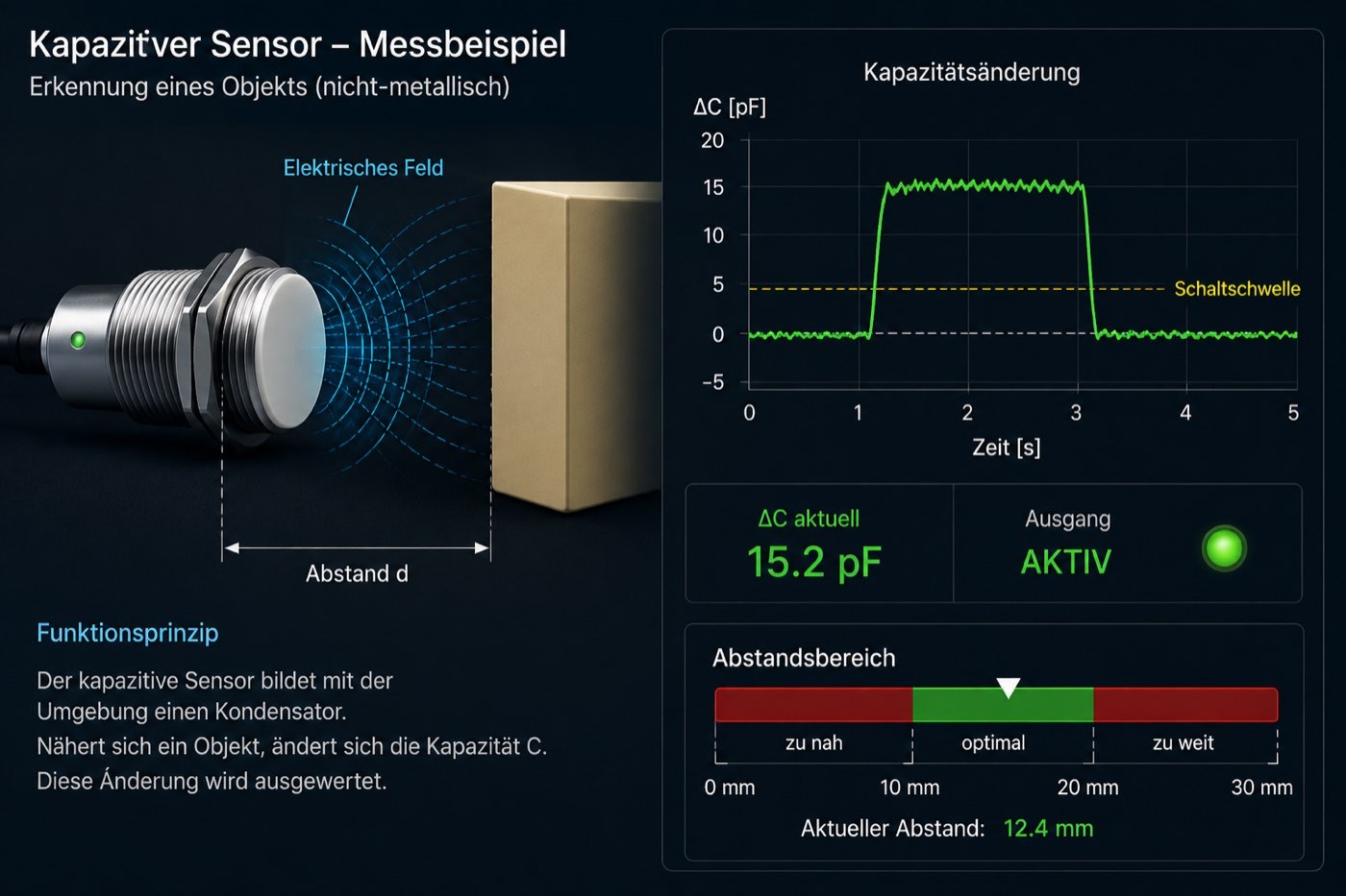 Messbeispiel eines kapazitiven Sensors: Ein nicht-metallisches Objekt nähert sich, die Kapazität steigt von 0 auf 15 pF und überschreitet die Schaltschwelle, der Ausgang schaltet auf aktiv.